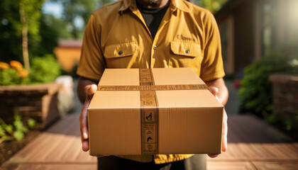 A close-up of the hands of a delivery man in a yellow uniform delivering a package