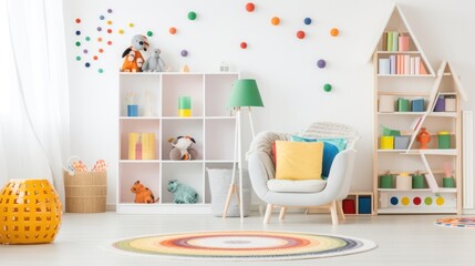 children's room with a colorful rug, bookshelf with colorful storage bins, a chair and a floor lamp.