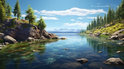 an image of a freshwater lake with a rocky inlet