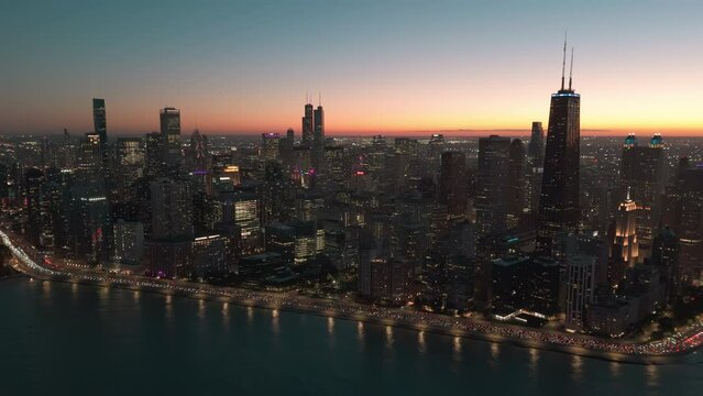 Chicago Downtown skyscraper in the sunset time. Drone wide footage
