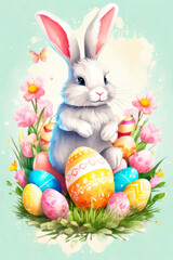 Happy Easter greeting cards with Easter eggs and floral decorative elements, 3d render modern illuatration.