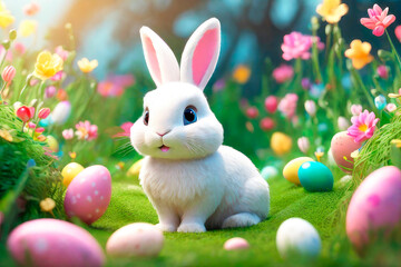 Happy Easter greeting cards. Easter eggs and floral decorative elements, 3d render modern illuatration.
