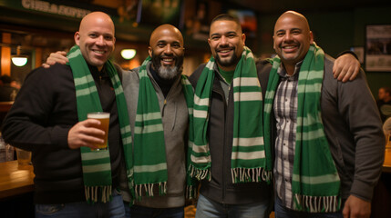 four men with green scarves holding a beer at st patrick's day