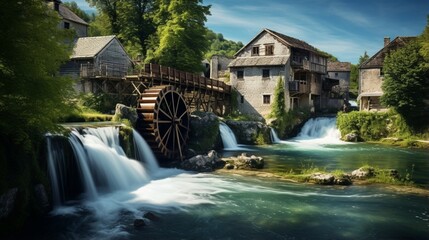 an image of a historic village with preserved waterwheels along a river