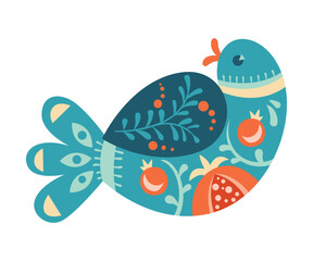 Folk Abstract Bird with Ornament and Decor Vector Illustration