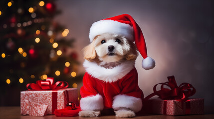 cute dog in santa claus costume 