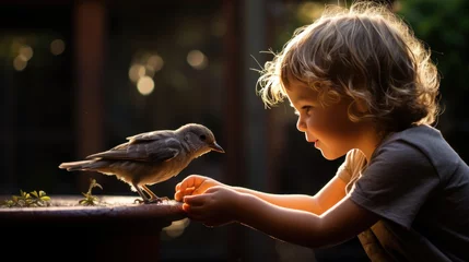 Raamstickers A heartwarming photo of a young boy feeding a baby bird with a dropper © ArtCookStudio
