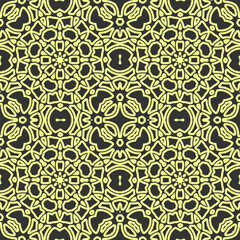 Seamless pattern with a contour light yellow composition on a black background. Slavic motives. Vector illustration