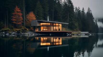 an image of a minimalist lakeside cabin