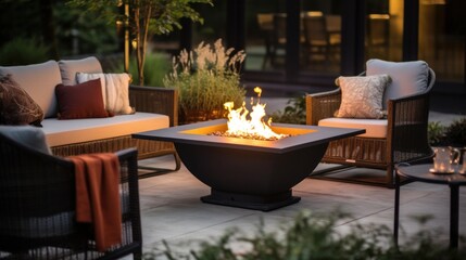 beautifully designed outdoor patio area with modern furniture, potted plants, and a cozy fire pit. - obrazy, fototapety, plakaty