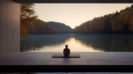 an image of a minimalist lakeside meditation retreat - obrazy, fototapety, plakaty