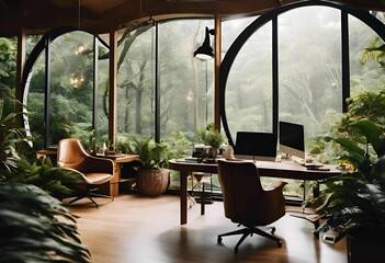A large open window offers a bright view of the outdoors, situated near an office desk - obrazy, fototapety, plakaty