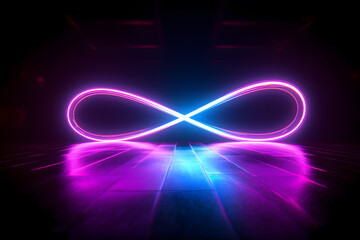 Infinity sign made of neon lights on the floor. Suitable for wallpaper or background in web design 