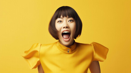 Excited young asian woman in yellow outfit shouting at camera and screaming, shouting at something, standing over yellow background.