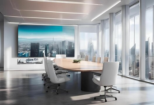 a conference table is shown inside of an office building with panoramic windows