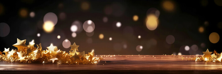 Empty wooden table top with gold shiny bokeh. Festive, Christmas, New Year background for product placement or montage with focus to the table top.