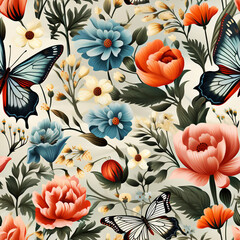 Seamless Pattern Vintage style Flowers with Butterflys on White Background - Generative Ai