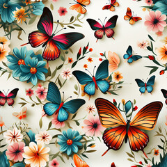 Seamless Pattern Vintage style Butterflys on White Background - Generative Ai