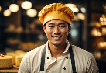 charming handsome asian men wearing cheese maker chef hat, cheese on the background