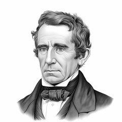 Black and white vintage engraving, headshot portrait of Charles Goodyear, the famous American chemist and manufacturing engineer, white background, greyscale - Generative AI