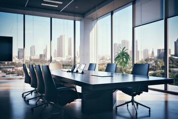 An professional office executive conference room open space with large glass windows and city skyline view.
 - Powered by Adobe