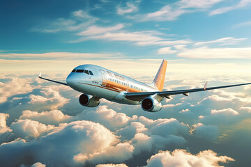 Airplane in the cloudy sky, closeup