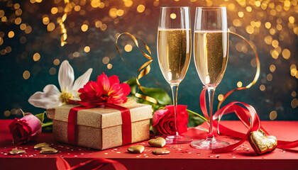 Two glasses of champagne gift box and flowers on a red background. Valentine's day  decorations.