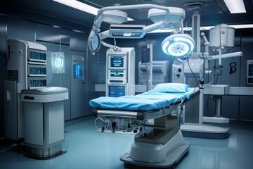 A surgical robot in a complete operating room with the surrounding infrastructure, including a surgical table, instruments and monitors