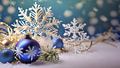 Fototapeta na wymiar Christmas decoration with a glass ball and snow flakes snow 