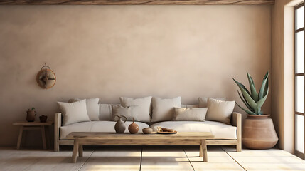 Rustic barn wood coffee table against beige sofa and stucco wall with copy space. Wabi-sabi home interior design of modern living room 