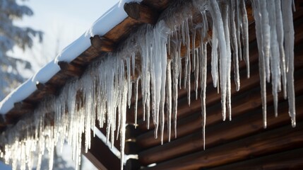 A group of icicles hanging from the eaves of a log cabin after a heavy snowfall.