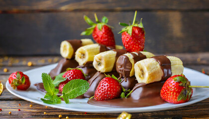 Banana in the chocolate with strawberries on a plate . Delicious dessert.