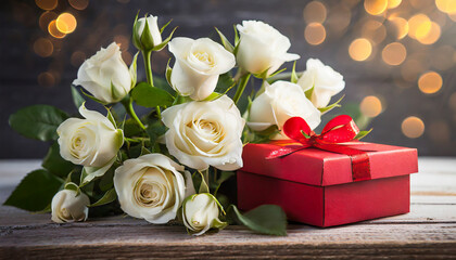  Valentine's day decoration, a bouquet of white roses and gift box.