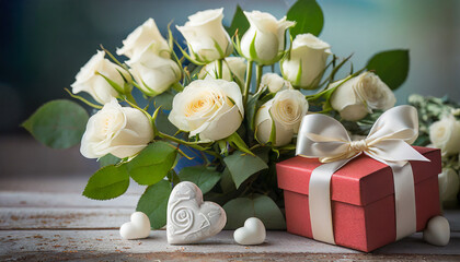  Valentine's day decoration, a bouquet of white roses and gift box.