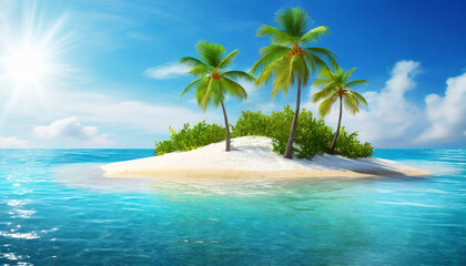 Fototapeta na wymiar Palm trees on sandy island in the ocean. Clear blue. water. Tropical landscape 