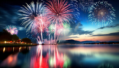 Beautiful night sky with colorful fireworks on the lake. - obrazy, fototapety, plakaty