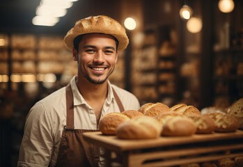 charming handsome men wearing bread maker costume and hat, bread and cookie on the background - obrazy, fototapety, plakaty