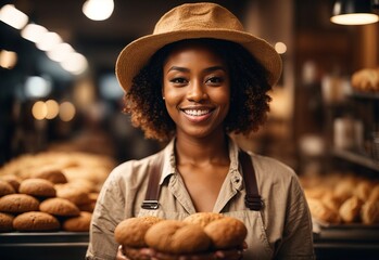 charming beautiful black women wearing bread maker costume and hat, bread and cookie on the background - obrazy, fototapety, plakaty