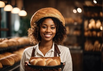 charming beautiful black women wearing bread maker costume and hat, bread and cookie on the background - obrazy, fototapety, plakaty