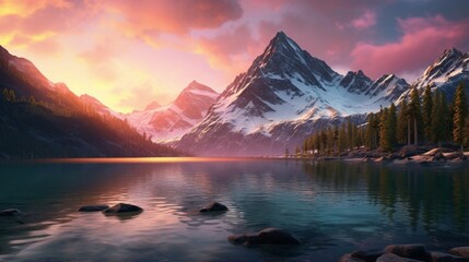 Fototapeta na wymiar an image of a mountain lake with a backdrop of alpenglow