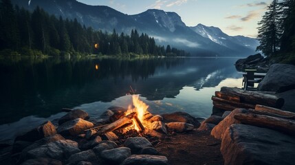 an image of a mountain lake with a cozy lakeside campfire