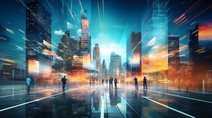 Futuristic city, blurr lights, building, street, people walking. orange, blue colorfull, night.