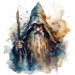 A watercolor painting of an old wizard