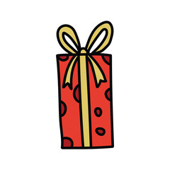 A hand-drawn cartoon doodle is a red gift isolated on a white background. Concept, New Year, Christmas, Wedding, Birthday. Flat design. Vector illustration