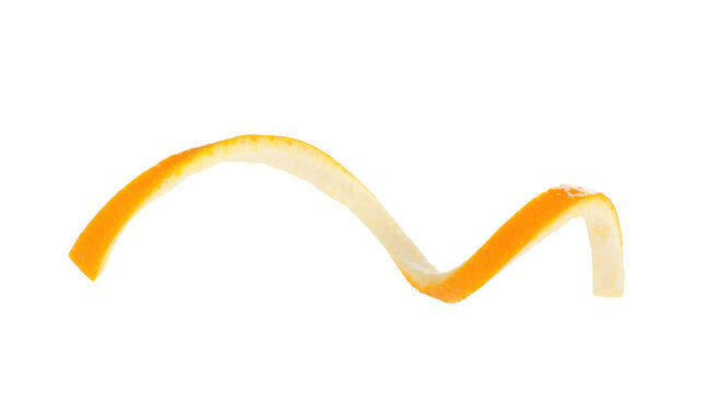 Spiral form of orange skin isolated on a white background, top view. Orange peel. Citron.