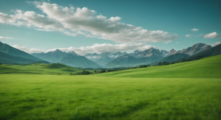 Fototapeta na wymiar beautiful green meadow and mountains in background with blue sky