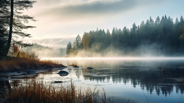 an image of a peaceful freshwater lake with a misty morning haze