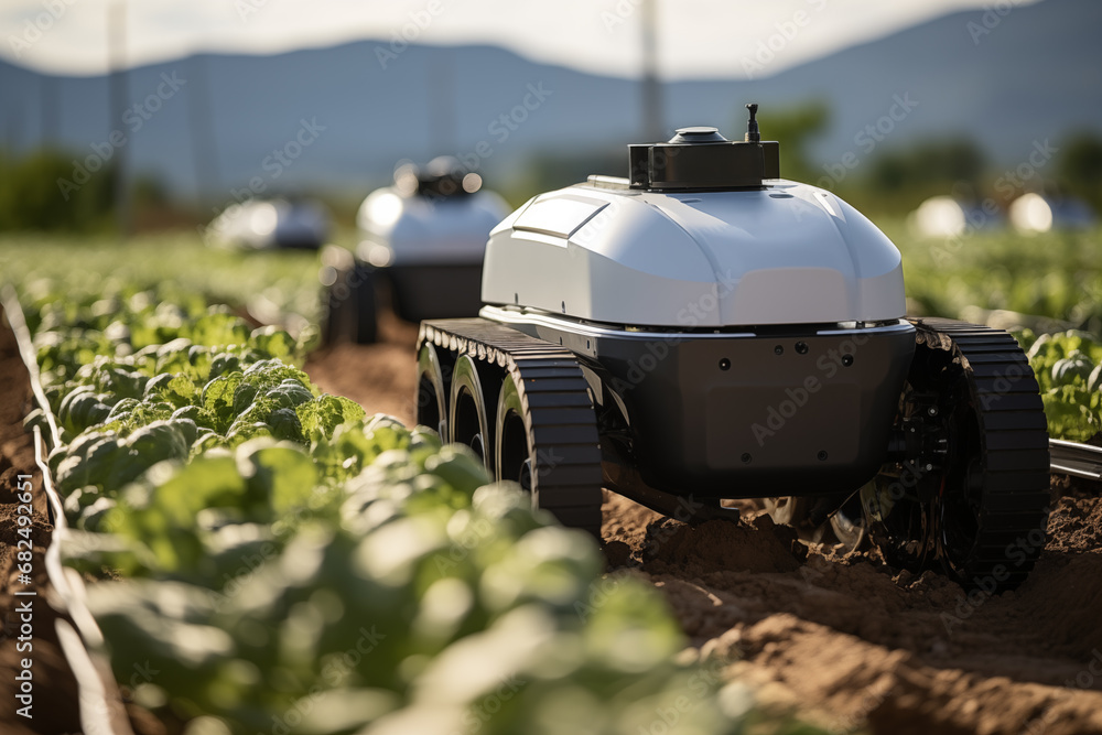 Aufkleber Autonomous wheeled robots working in an agricultural field. Using artificial intelligence on a smart farm