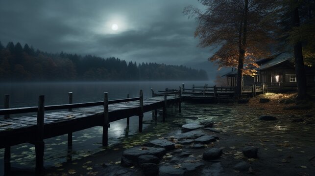 an image of a peaceful lakeside scene with a light drizzle