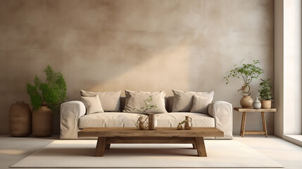 Rustic barn wood coffee table against beige sofa and stucco wall with copy space. Wabi-sabi home interior design of modern living room 